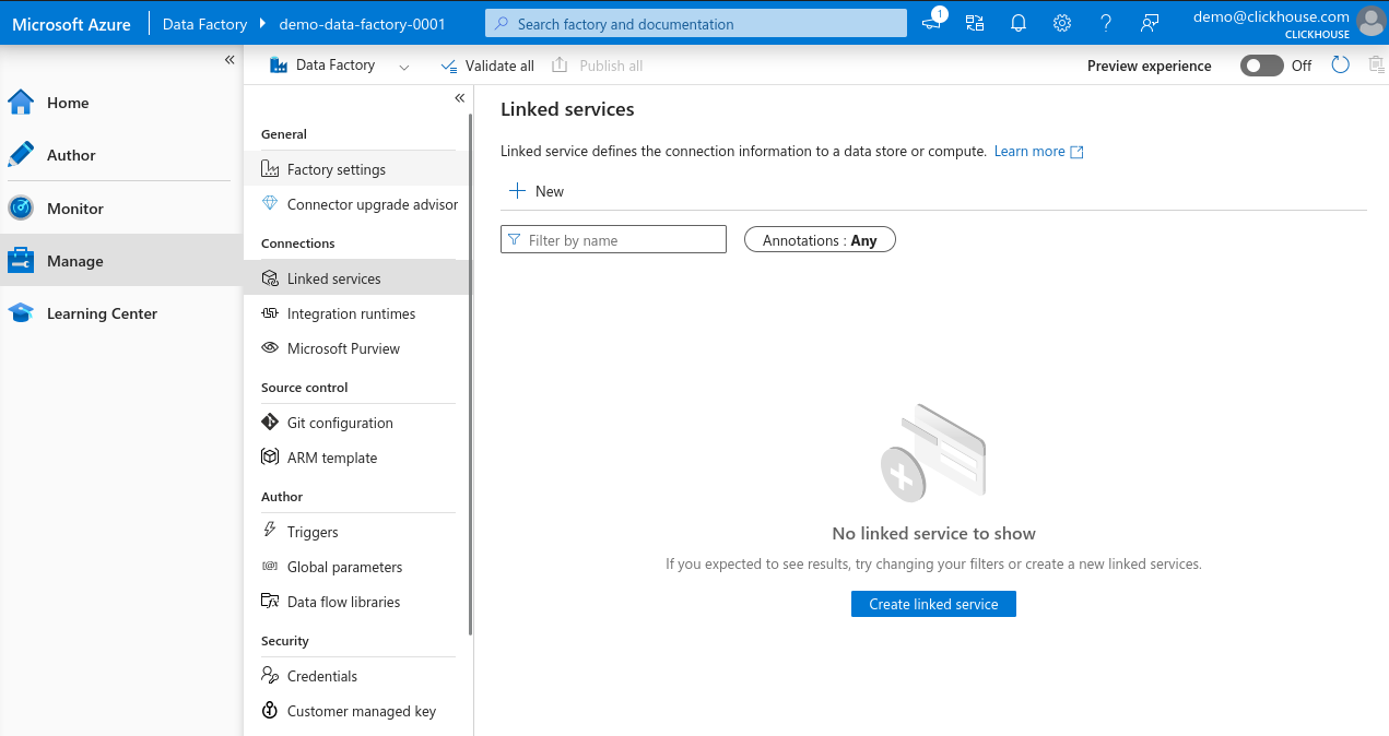 Кнопка создания новой связанной службы в Azure Data Factory