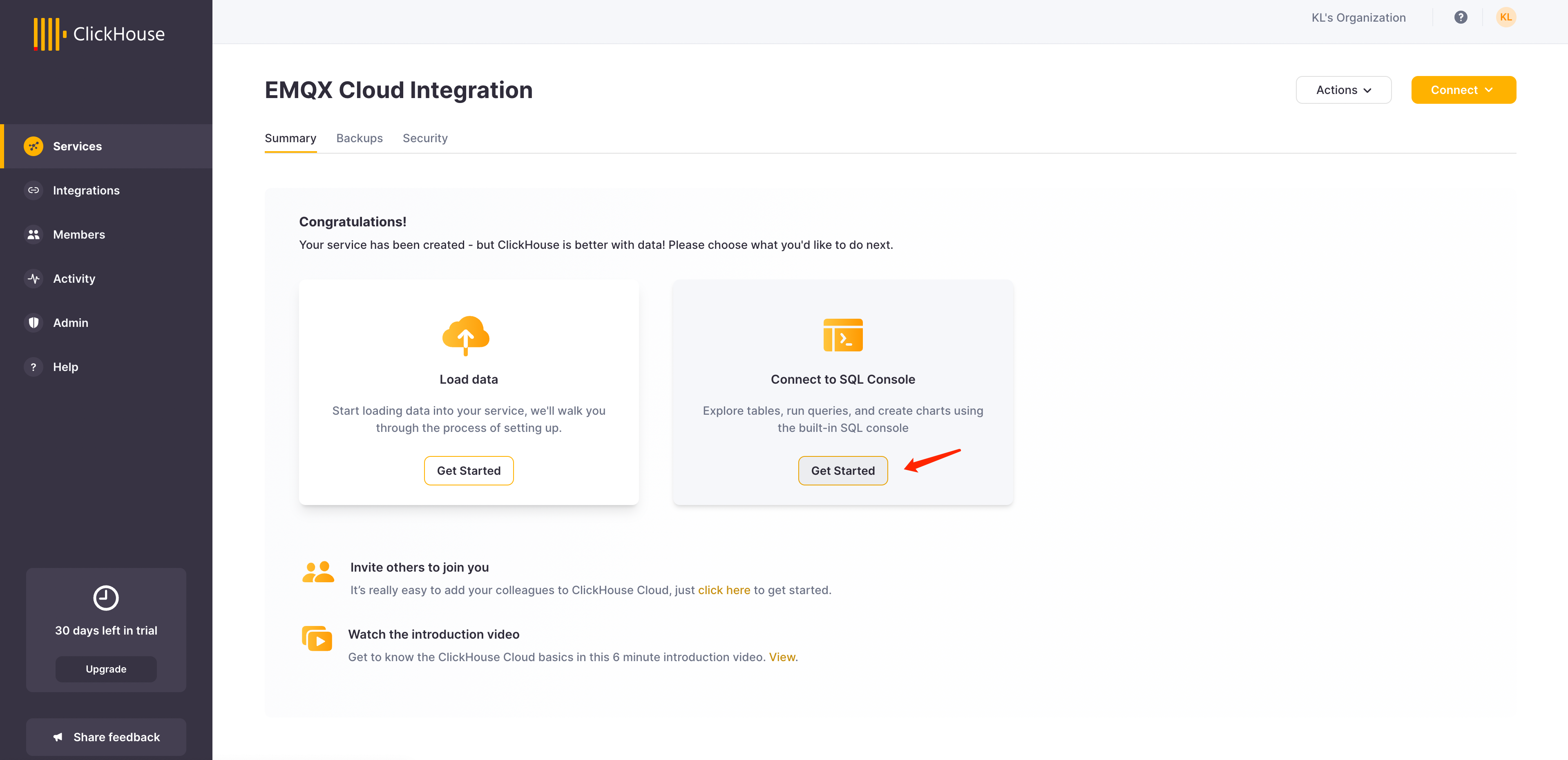 Интерфейс SQL Console в ClickHouse Cloud