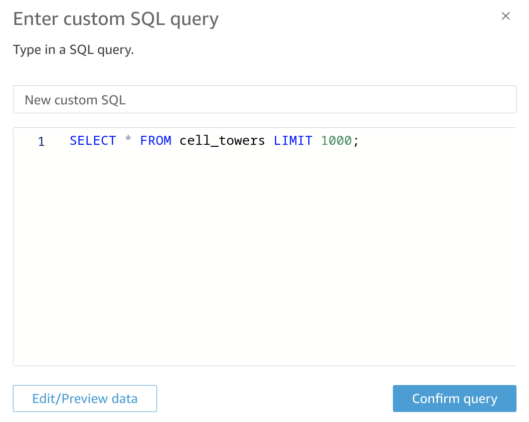 Редактор произвольного SQL-запроса в QuickSight для выборки данных из ClickHouse