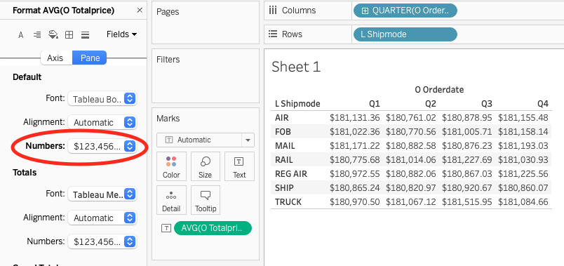 Табличное представление Tableau, показывающее среднюю стоимость заказа по кварталам и способам доставки с форматиров�анием валюты